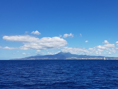 A rare view of both Morne Rouge and Mont Pelée (in the background) without their usual cloudy crowns on our sail up from Grand Anse to Saint Pierre.