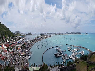 Panorama of our anchorage and the Simpson Bay Lagoon on the western part of the island.
