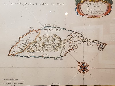 Beautiful old map of St Kitts, showing the mixed occupation of the island by both the English and the French around the time.