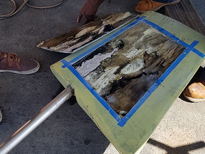 The state of the interior of the rudders before repairs. Water got in and started rotting everything away.